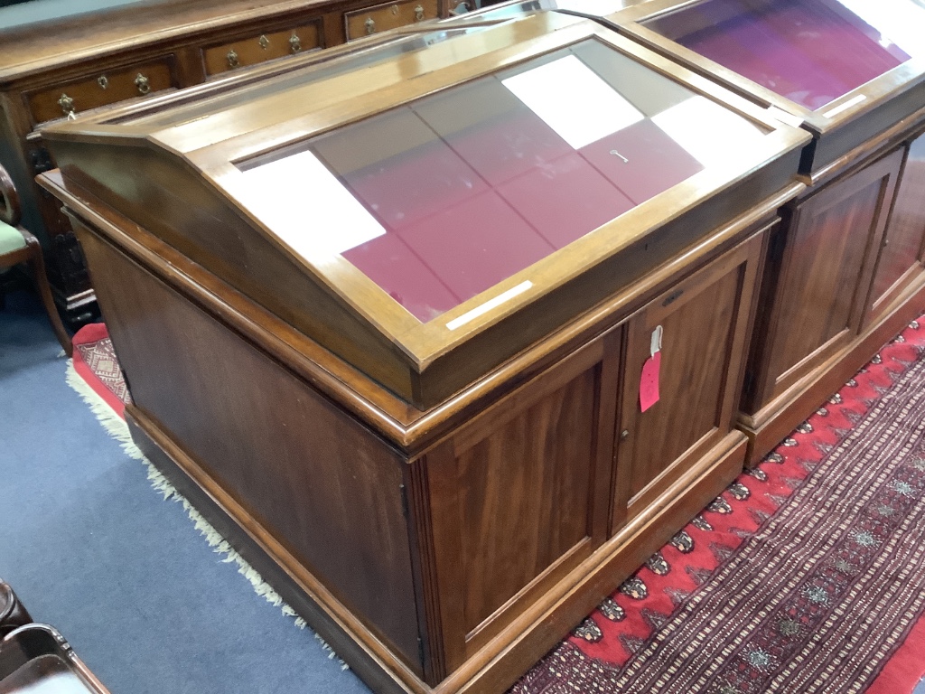 A 20th century teak table top double display case, from the Library of the Royal College of Surgeons, width 103cm depth 128cm height 108cm